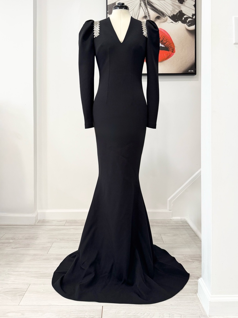 Safiyaa Black Crepe Crystal Embellished Long-sleeve Maxi Dress